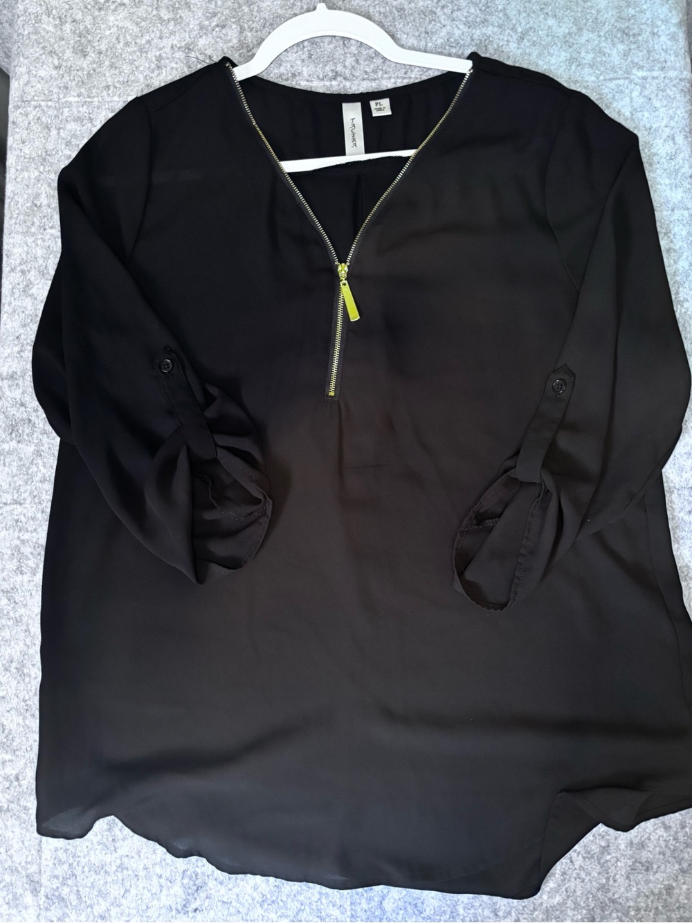 Tacera Black V-Neck Zip-Front Button-Tab Sleeve Tunic